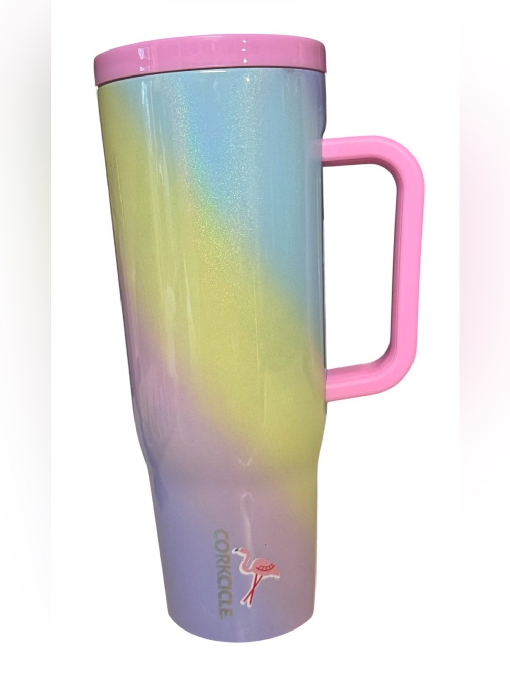 EUC Corkcicle Cruiser tumbler featuring a pink lid, rainbow gradient finish